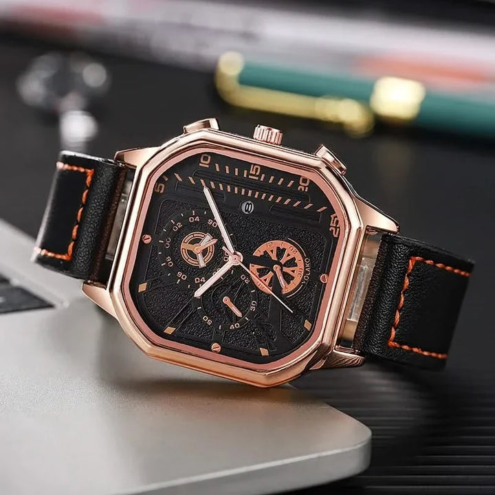 Close-up of Arcane Chronos men's watch, showcasing its intricate square dial and rich leather watchband.
