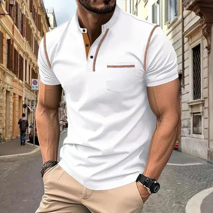 Fashionable men's band collar polo shirt, offering a contemporary twist on classic casual men's tops.