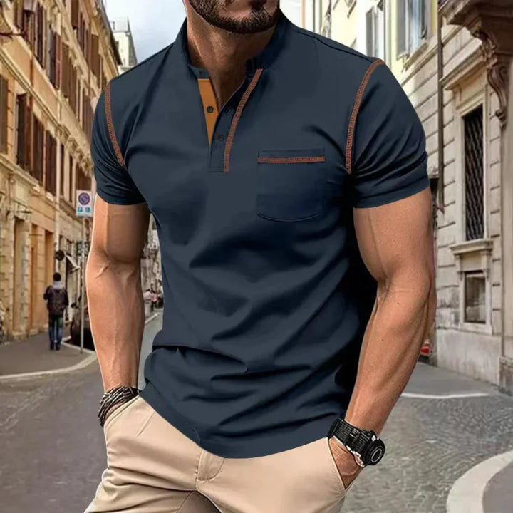 Men's modern band collar polo, short sleeve & versatile, great for casual outings & smart everyday wear.