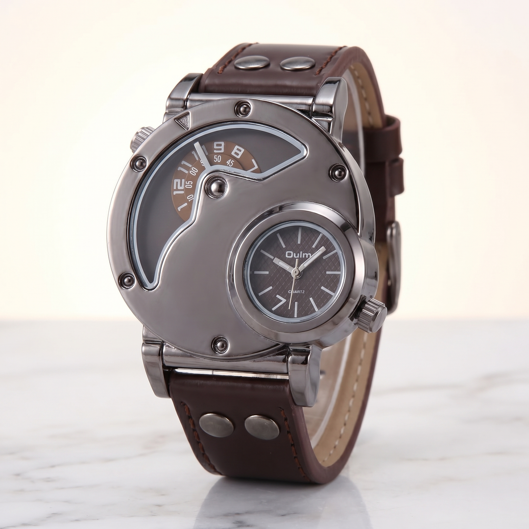 Modern men's dual time watch in brown, large dial & analog display, a versatile travel accessory.