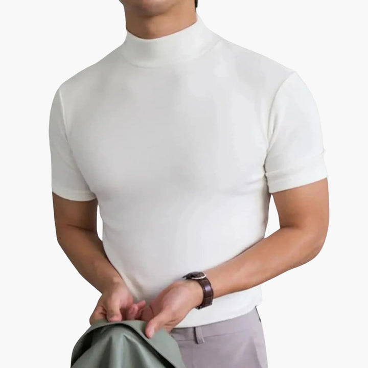 Comfortable men's casual mock neck t-shirt, a slim fit short sleeve design for contemporary everyday style.