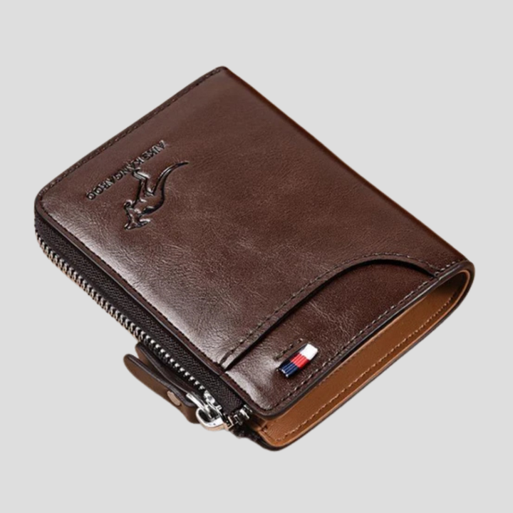 Secure men's zip around bifold wallet with RFID blocking, multiple card slots & coin pocket. Stylish & safe.