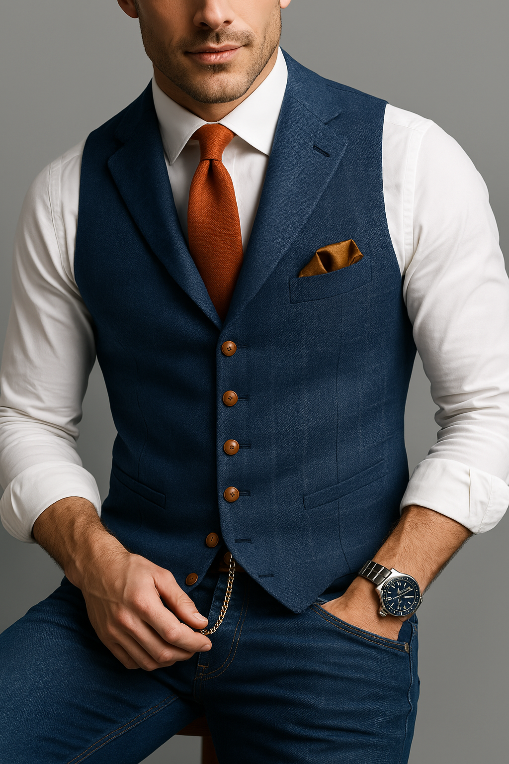 Men's blue checked waistcoat, a stylish tailored vest for formal events, business attire, or smart casual fashion.