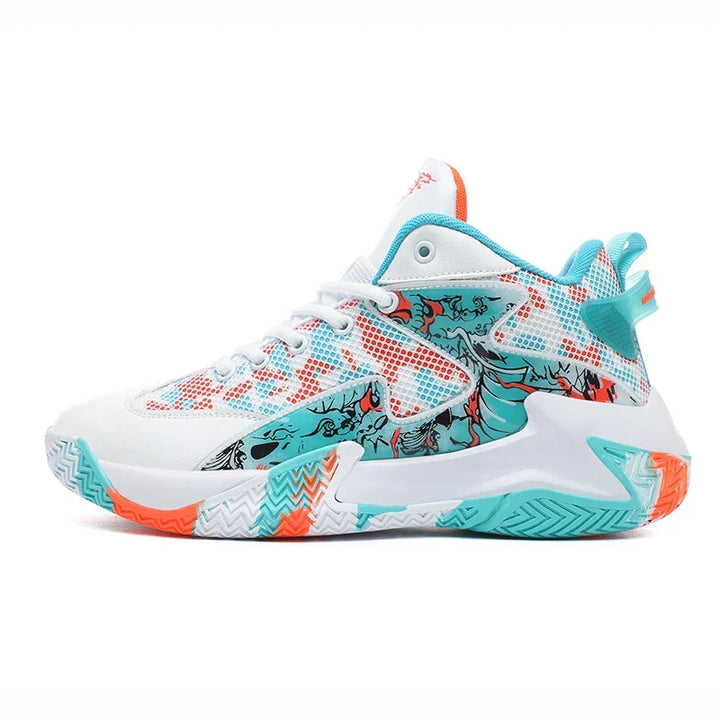 Men's bold graphic court basketball sneakers, high-top athletic footwear with impact absorption & ankle support.