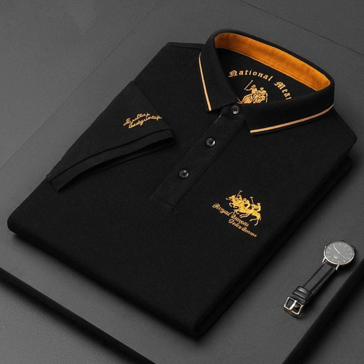 Lightweight men's polo shirt with subtle embroidery, ideal for summer fashion and breathable comfort.