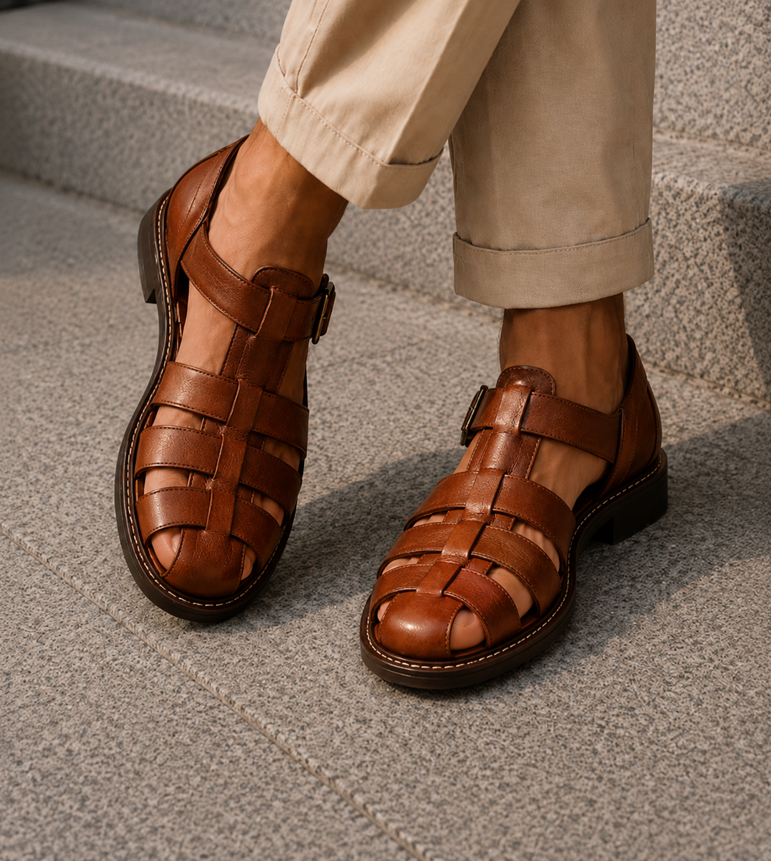 Men's practical closed-toe fisherman sandals featuring a secure adjustable buckle, perfect for summer casual & walking.
