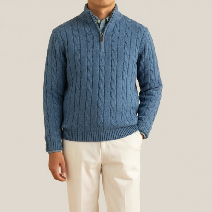 Versatile men's half-zip cable knit cardigan, ideal for comfortable layering or smart casual outfits.