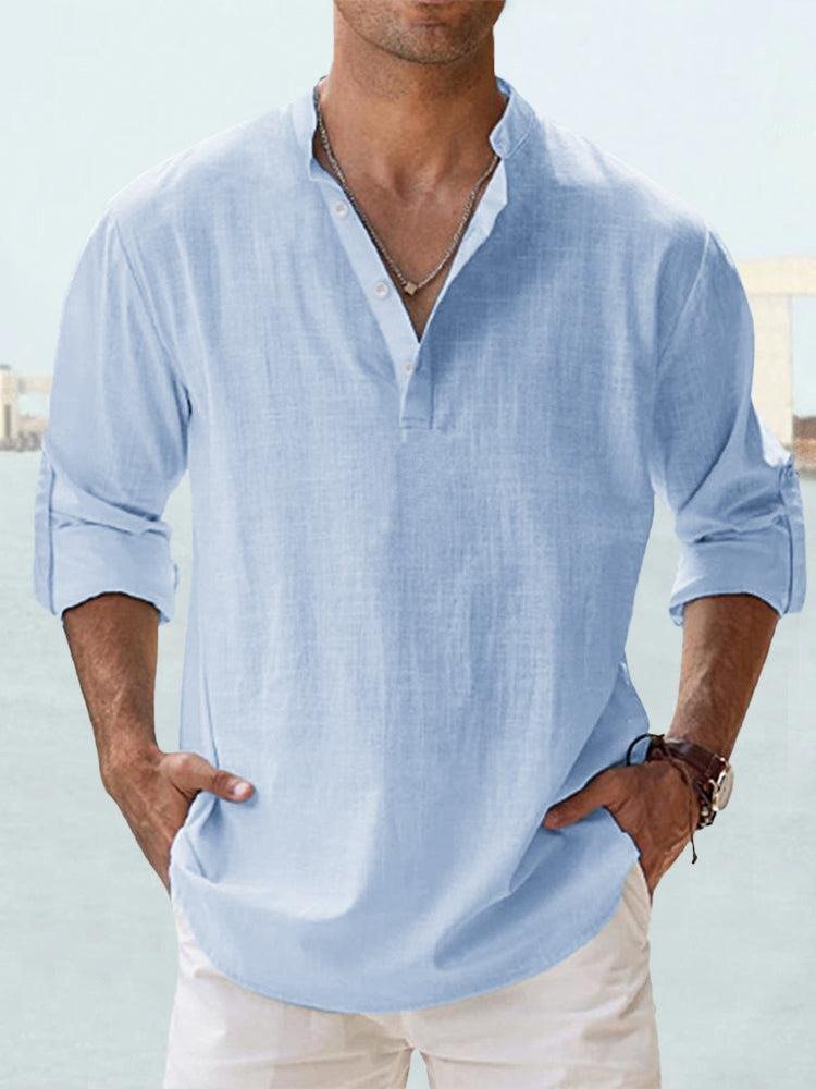 Men's casual long sleeve henley shirt with mandarin collar, ideal for relaxed everyday wear.