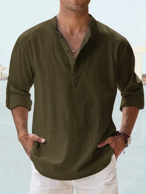 Classic men's casual henley shirt, featuring a smart mandarin collar and practical long sleeves.