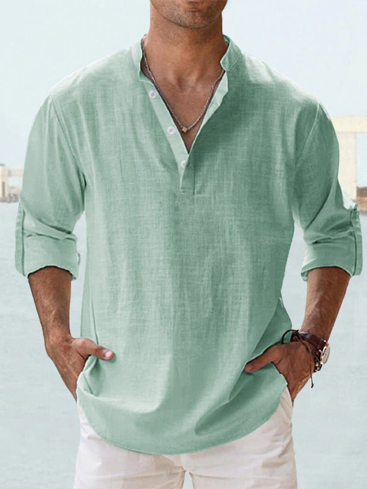 Close-up of a men's henley shirt showing the unique mandarin collar & button placket detail.