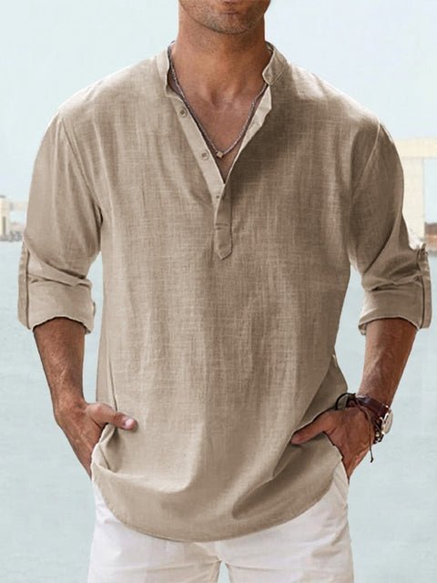 Men's modern henley shirt in a relaxed fit, featuring a sleek mandarin collar and long sleeves.