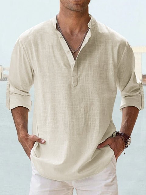 Essential men's casual top: a long sleeve henley with a sophisticated mandarin collar design.