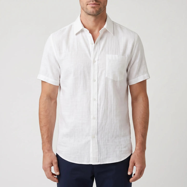 Men's summer short sleeve button-down shirt. Casual style, relaxed fit, perfect for warm weather fashion.