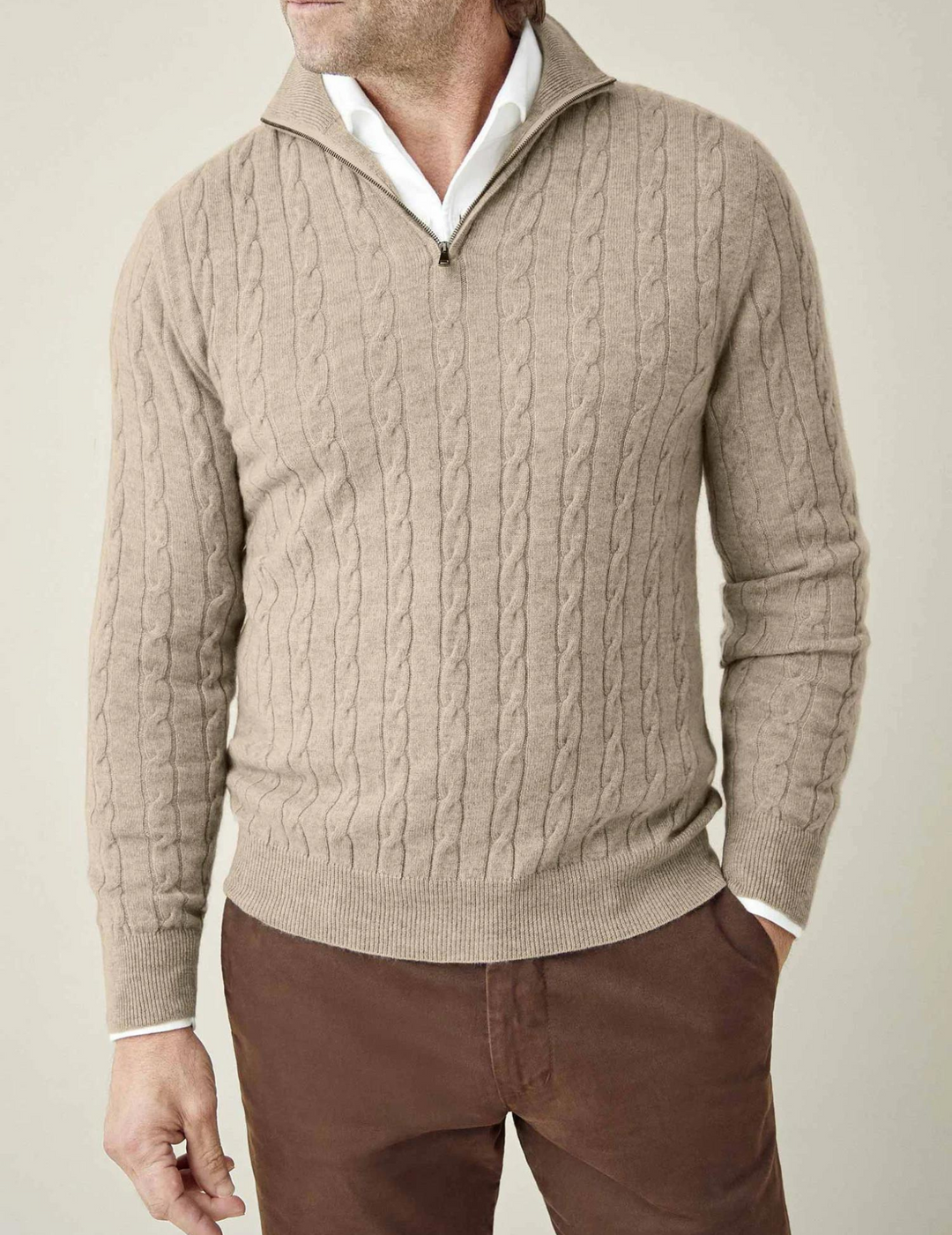 Comfortable men's cable-knit quarter-zip pullover, great for autumn and winter seasons.
