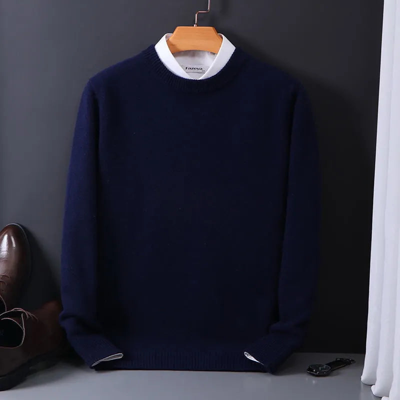 Stylish men's cream crewneck knit sweater with ribbed details, offering everyday comfort & smart casual appeal.