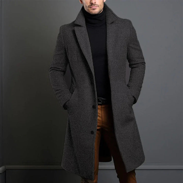 Stylish men's classic overcoat with single-breasted design, ideal for formal elegance & business outerwear. Tailored look.