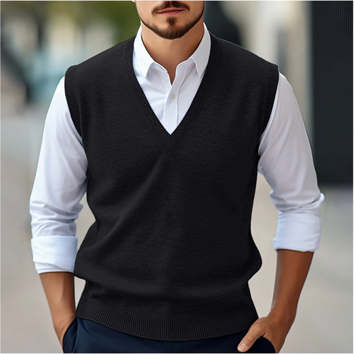 Men's V-neck sweater vest, a stylish knitted sleeveless layering piece for smart casual and business autumn fashion.
