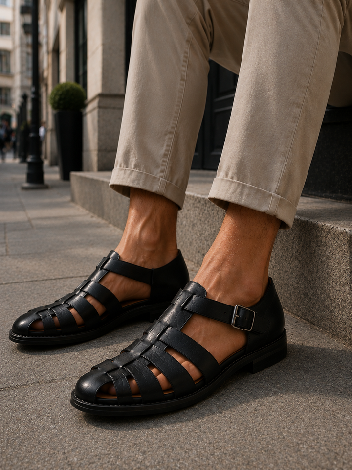 Classic men's closed-toe fisherman sandals with adjustable buckle, ideal for outdoor summer adventures.