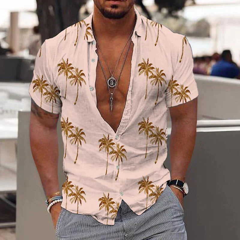 Men's comfortable linen short sleeve button-up shirt for summer. Perfect for casual, warm weather style.