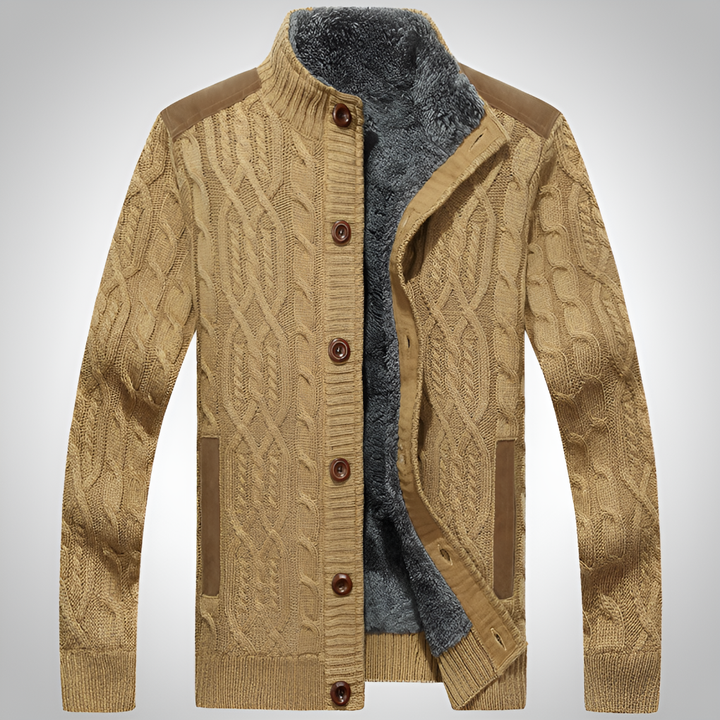 Men's cozy cable knit button cardigan, fleece-lined for warmth. Perfect winter layering sweater.
