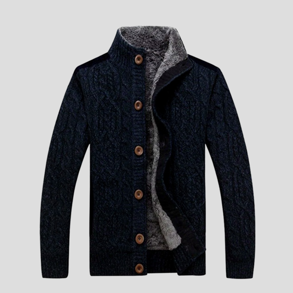 Stylish men's button-front cable knit cardigan, great for warm outerwear and a relaxed men's style.
