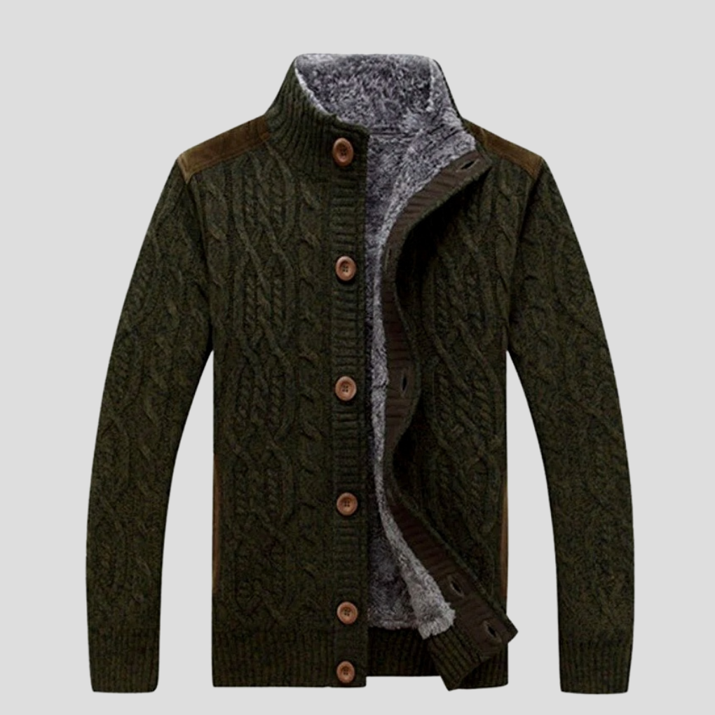 Close-up of a men's cozy cable knit button-front cardigan, a warm and fashionable piece for winter.