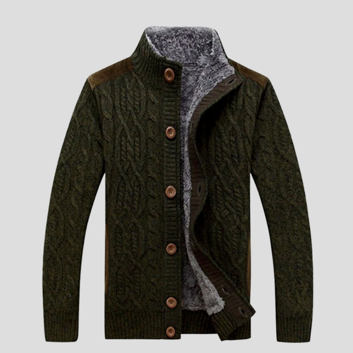 Close-up of a men's cozy cable knit button-front cardigan, a warm and fashionable piece for winter.