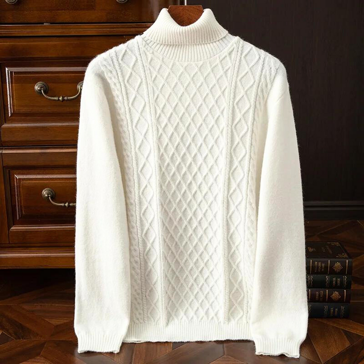 Classic cable knit men's turtleneck sweater, a stylish and warm addition to any mens winter fashion.