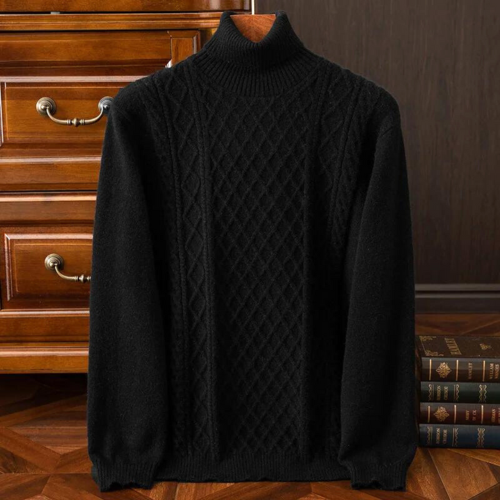 Long sleeve men's cable knit turtleneck, a warm and classic sweater for stylish winter and fall fashion.
