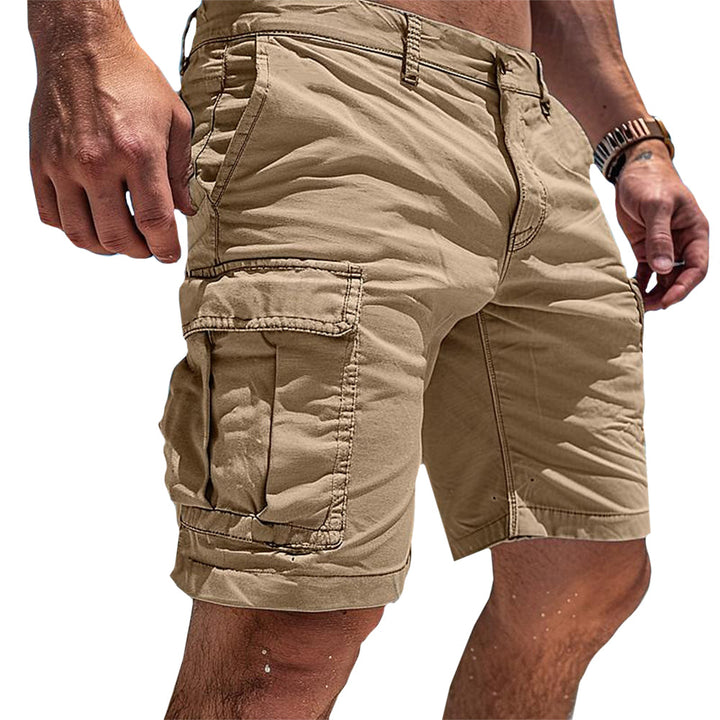 Close-up of men's utility cargo shorts showing durable fabric & practical multi-pocket design.