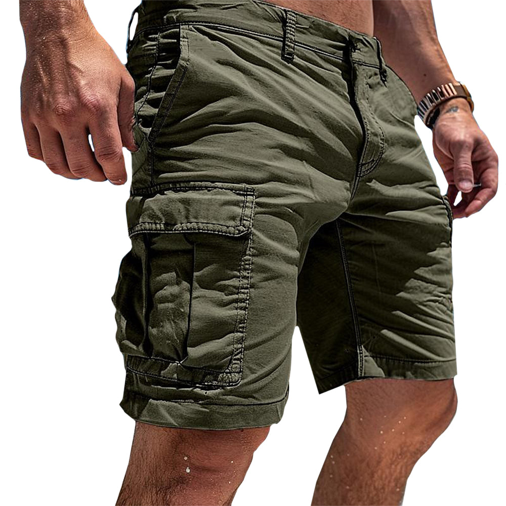 Man wearing comfortable men's cargo shorts, perfect for summer, casual outings & everyday utility.