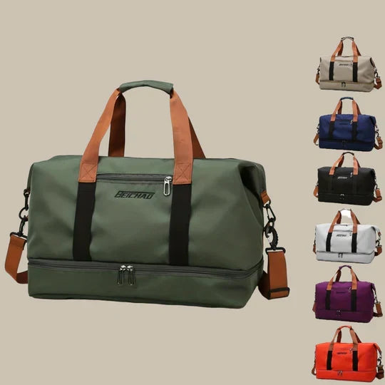 Modern men's weekend duffel bag, durable Oxford cloth, with separate shoe storage, ideal for short trips.