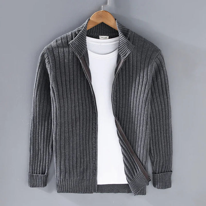 Close-up of a men's sophisticated ribbed quarter zip pullover sweater, ideal for old money style layering.