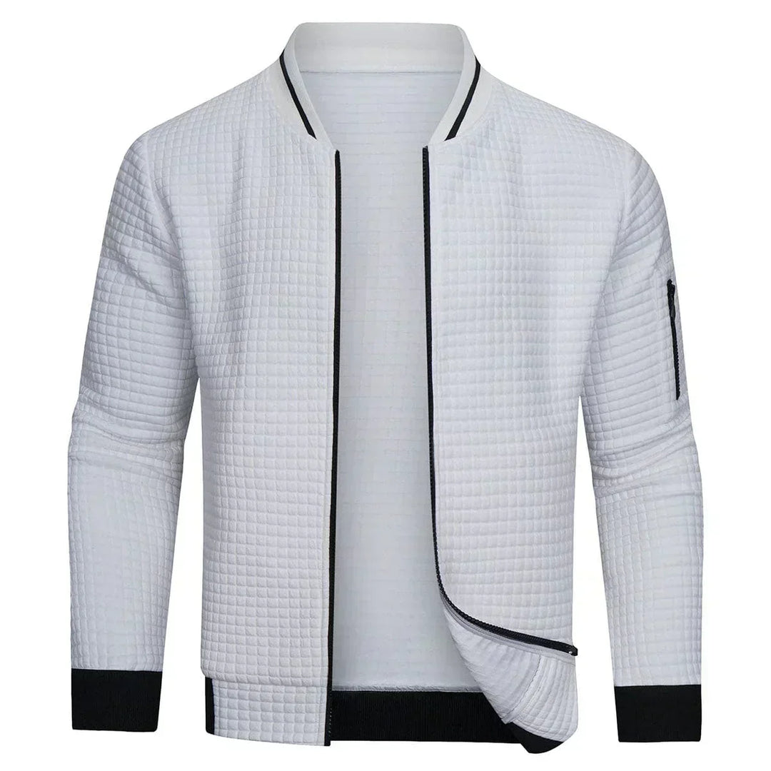 Close-up of textured grid pattern on a comfortable men's full-zip knit cardigan.
