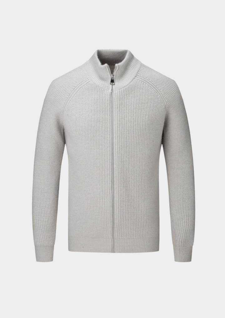 Men's funnel neck zip-up sweater for smart casual layering. Modern, versatile knitwear.