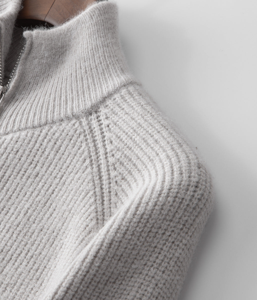 All-season men's funnel neck zip-up sweater. A modern, comfortable jacket for versatile layering.