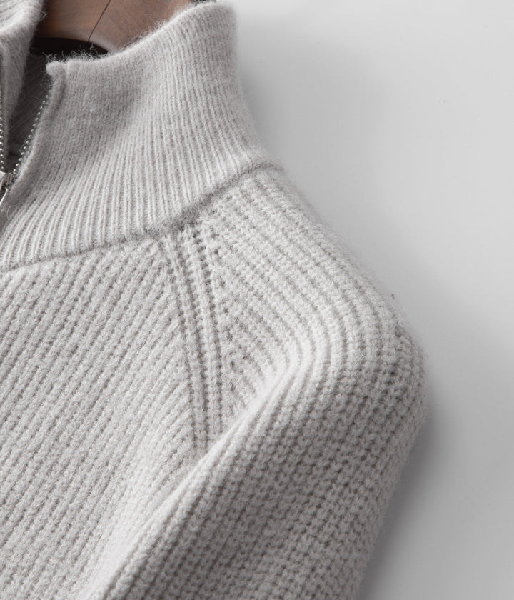 All-season men's funnel neck zip-up sweater. A modern, comfortable jacket for versatile layering.