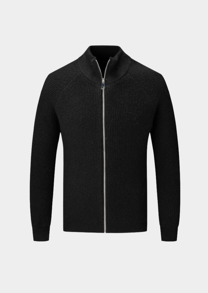 Modern men's zip-up sweater with funnel neck, functioning as a lightweight jacket for layering.