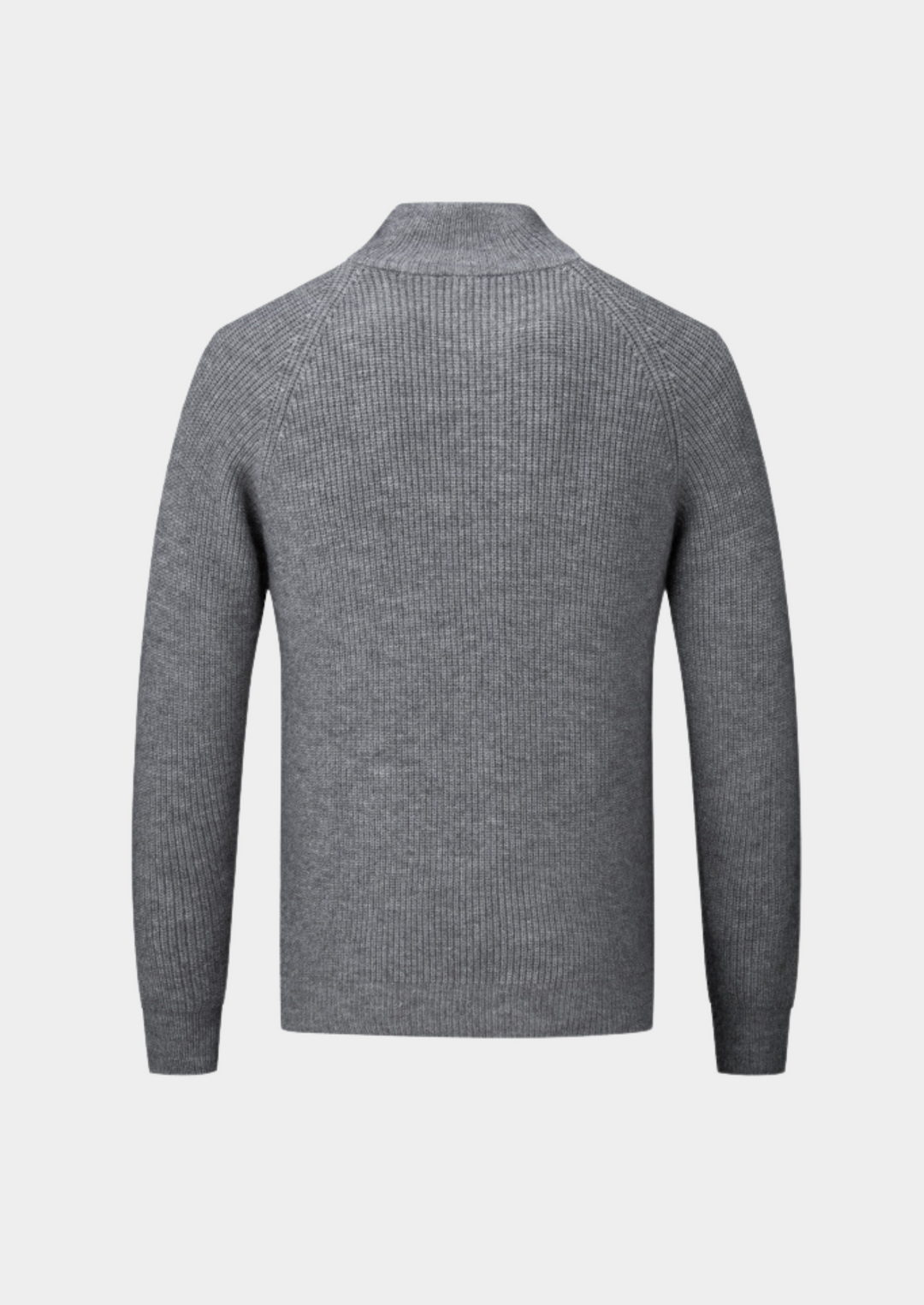 Man wearing a casual men's funnel neck zip-up sweater, ideal for everyday comfort and layering.