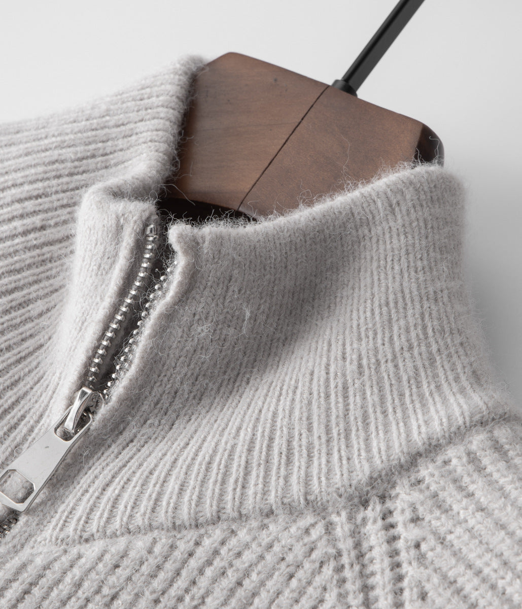 Versatile men's funnel neck zip-up sweater. Great for layering, casual or smart casual styles.