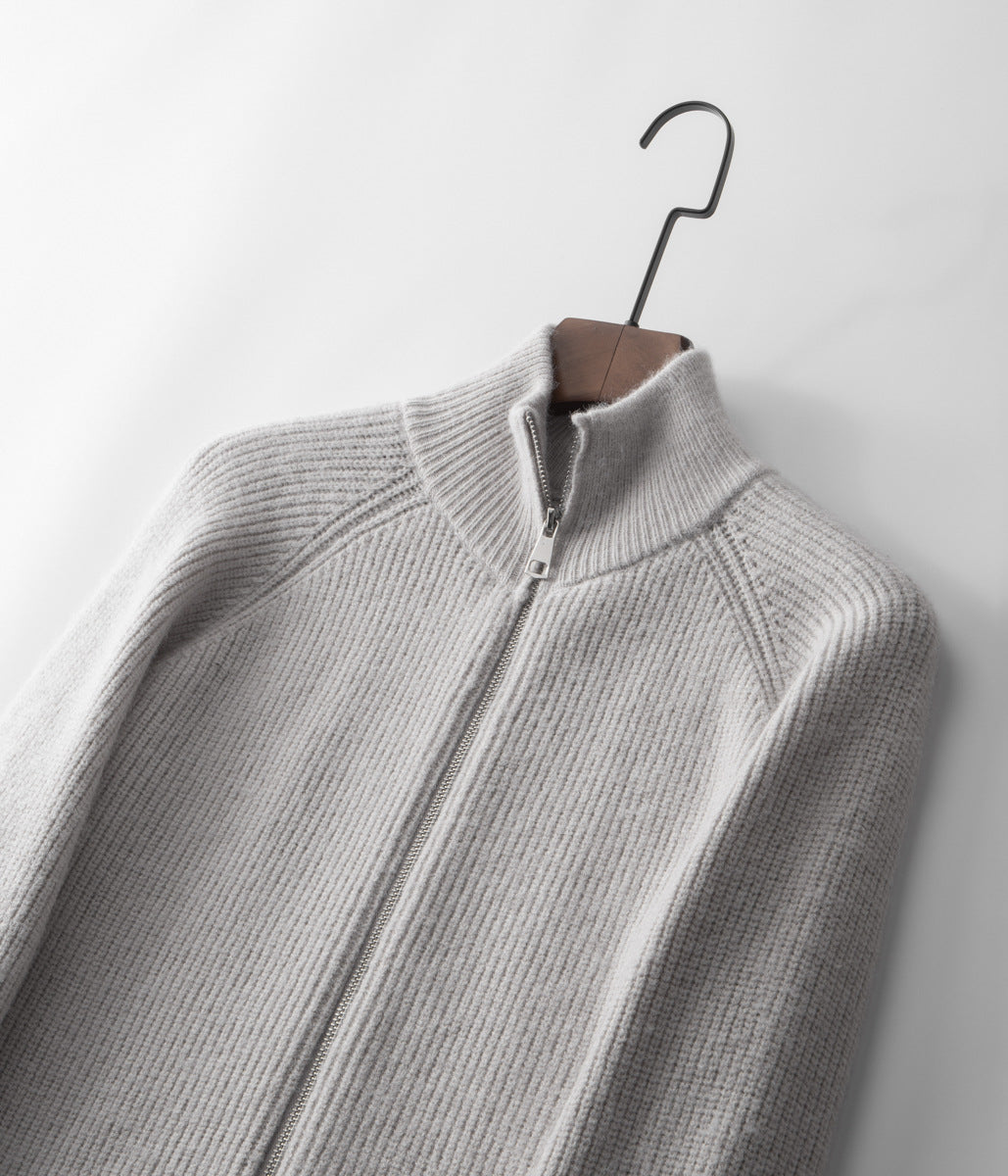 Front view of a men's funnel neck zip-up sweater. Modern design for smart casual layering.
