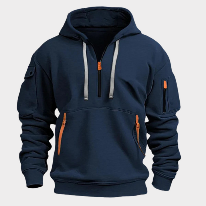 Comfortable men's half-zip hoodie, great for versatile everyday fashion.