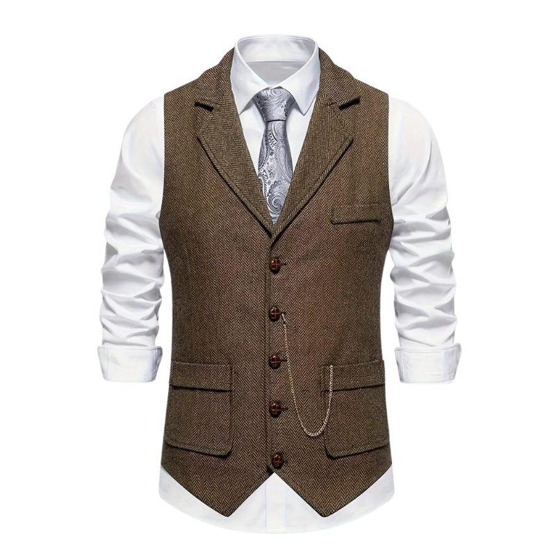 Men's herringbone waistcoat, a timeless vest perfect for formal or smart casual layered looks year-round.