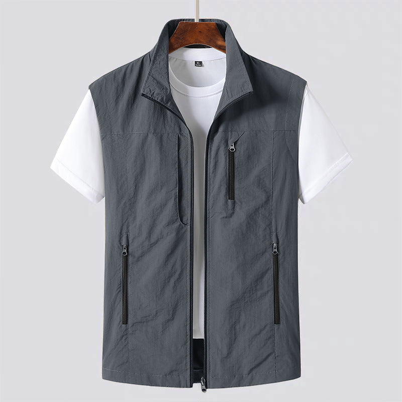 Front view of men's multi-pocket utility vest, perfect for outdoor activities or travel. Lightweight summer style.