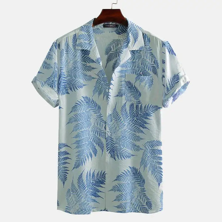 Stylish men's button-up tropical printed shirt with short sleeves, great for resort wear and vacations.