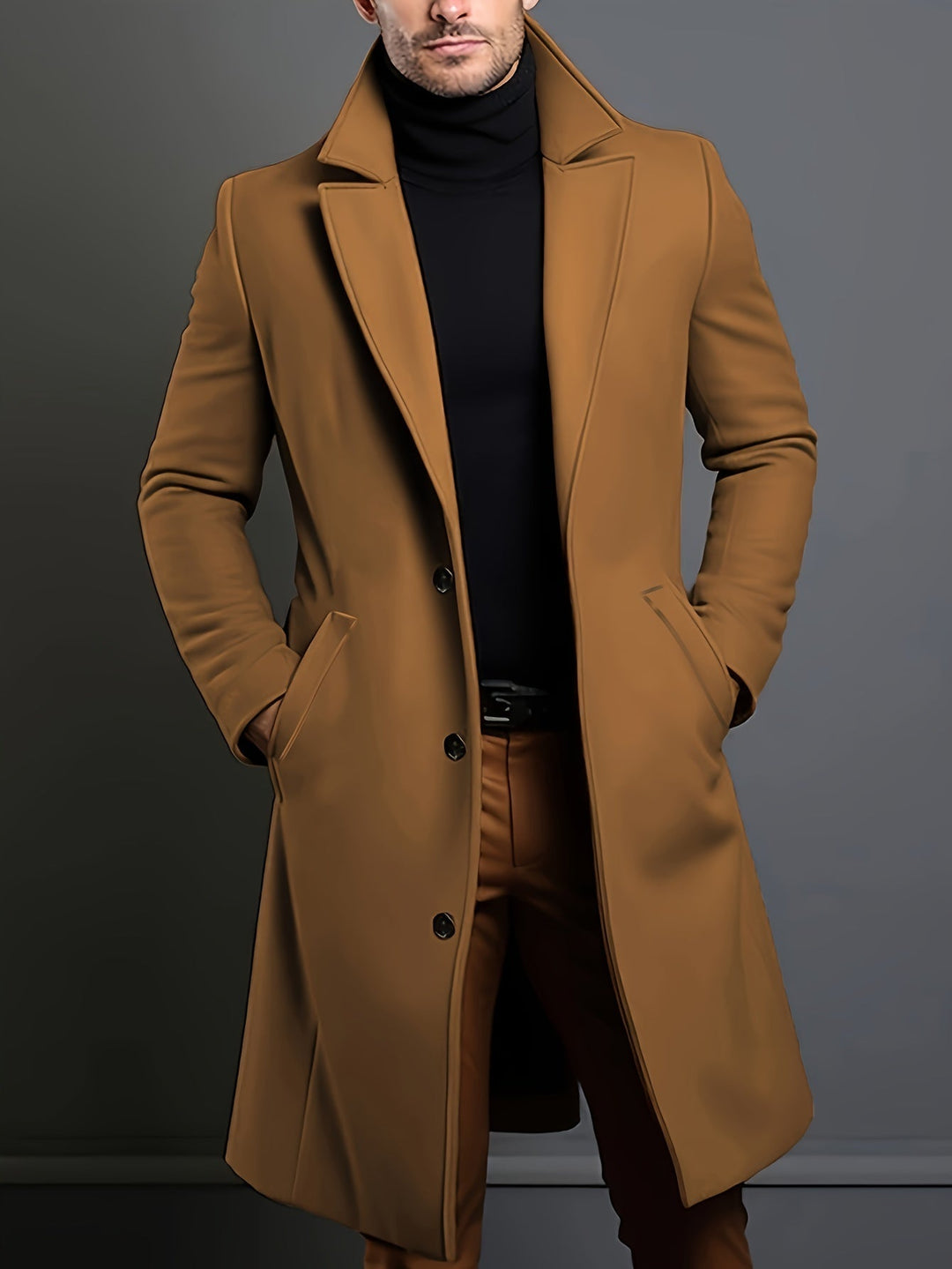 Gray men's single-breasted long coat, modern lapel design, ideal for formal and business casual.