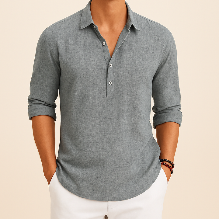 Comfortable men's long sleeve button neck polo shirt. Refined style and relaxed fit for daily wear.