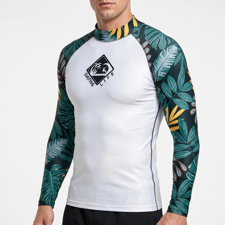 Athletic men's long sleeve rash guard, UPF 50+ for sun protection during water sports & outdoor activities.