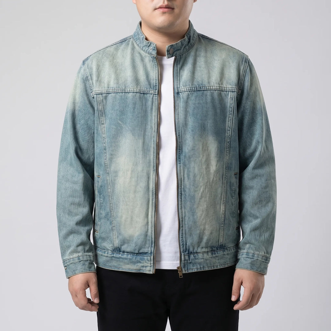 Versatile men's loose fit zip-up denim jacket, perfect casual outerwear for modern men's fashion.