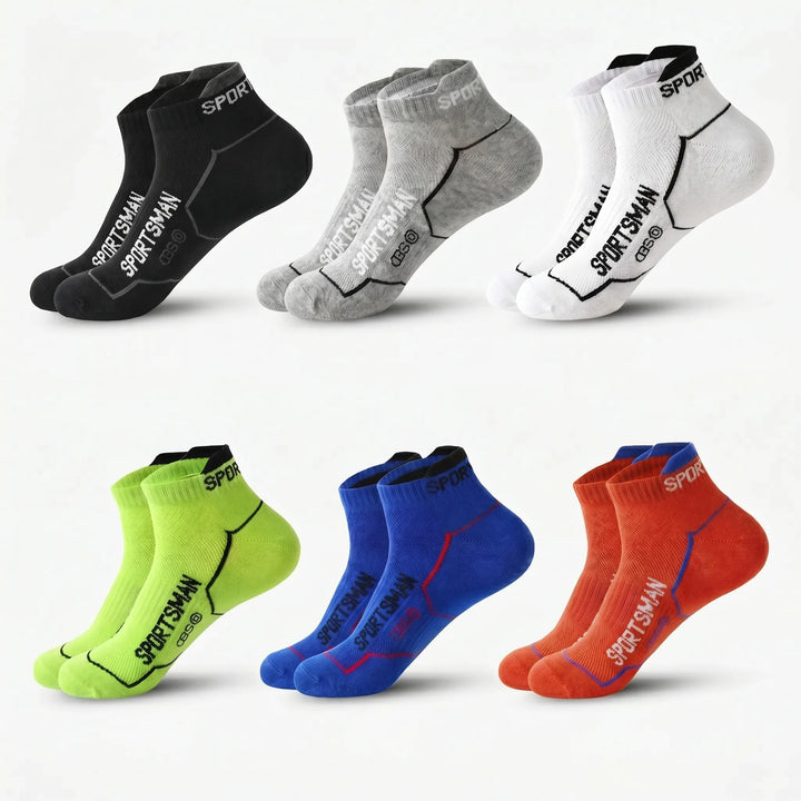 Men's 6-pack low-cut ankle athletic socks, breathable, cushioned, perfect for running, sports, gym.
